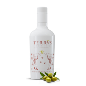 Botella de aceite de oliva virgen extra Terrvs con diseño artesanal y aceitunas frescas al pie.